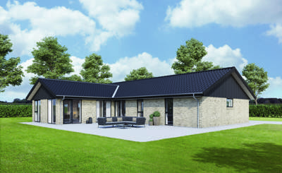 Gråt knækhuse med fliseterrasse