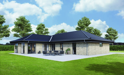 Tag med kinasvaj på guligt hus med fliseterrasse